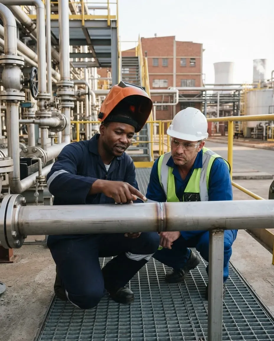 Coded welder finishing a pipe weld at a petrochemical plant