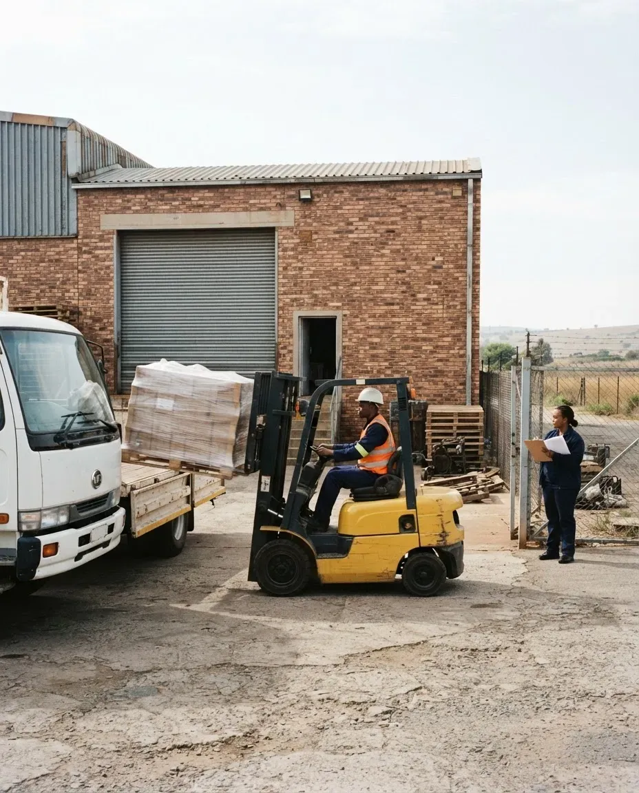 Forklift operator loading a pallet at a warehouse yard
